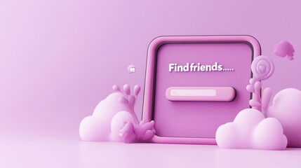 Poster - A playful, pink-themed interface inviting users to find friends with a loading bar.