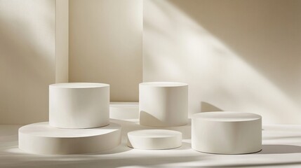Poster - A minimalist arrangement of circular white pedestals in a softly lit environment.