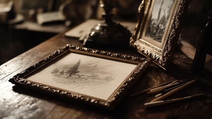 Poster - A vintage drawing framed on a wooden table with colored pencils nearby.