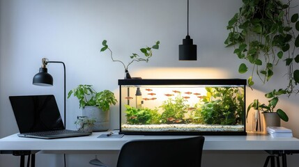 Poster - a serene workspace featuring an aquarium, plants, and a laptop.