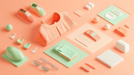 Fototapete - A vibrant arrangement of pastel-colored lifestyle items and accessories on a soft background.