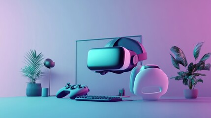 Aufkleber - A modern workspace featuring virtual reality gear and gaming accessories.