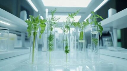 Aufkleber - Test tubes containing various green plants in a laboratory setting.