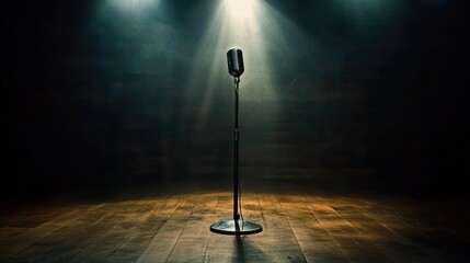 Poster - A vintage microphone stands alone on a stage, illuminated by soft spotlighting.
