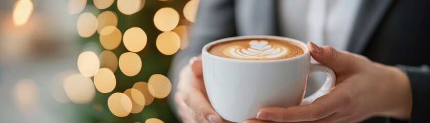 Wall Mural - A warm cup of coffee held in hands, with a blurred background featuring festive bokeh lights.