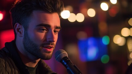 Poster - A man sings into a microphone, illuminated by colorful lights in a lively venue.