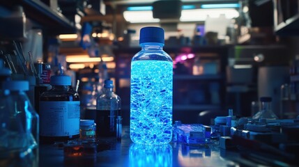 Aufkleber - A glowing blue liquid in a bottle, set in a laboratory environment.