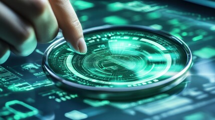 Aufkleber - A hand interacts with a futuristic digital interface displaying data and graphics.