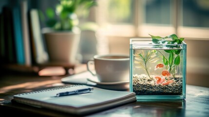 Poster - a serene workspace featuring a fish tank, coffee, and a notebook, promoting relaxation and focus.