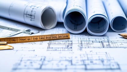 Aufkleber - Architectural blueprints and tools arranged for design and planning purposes.