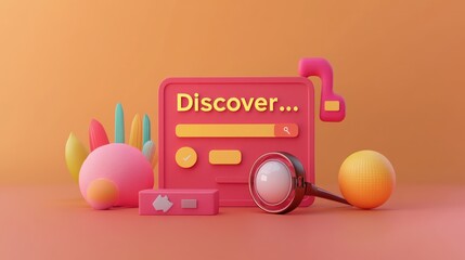 Poster - A colorful 3D illustration featuring a search interface and playful geometric shapes.