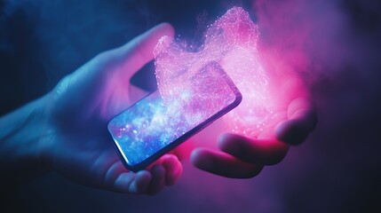 Poster - Hands holding smartphone and double exposure of icon for internet, network or digital texture in 3d. Futuristic, , HD image,