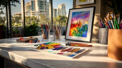 Poster - A vibrant workspace filled with art supplies and a colorful painting, perfect for creativity.