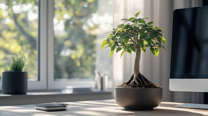 Poster - a serene workspace featuring a bonsai tree, computer, and natural light.