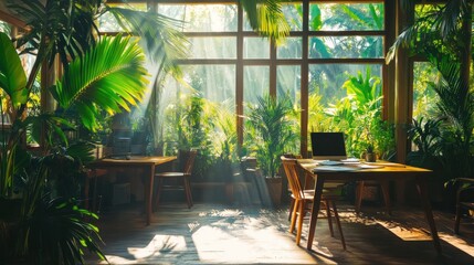 Poster - a sunlit workspace surrounded by lush plants, creating a serene and productive environment.