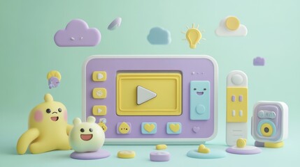 Poster - A colorful, playful scene featuring a media player with cute characters and interactive elements.