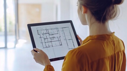 Poster - Professional Woman Reviewing Architectural Plans on a Tablet in a Modern Workspace with Natural Light and Contemporary Design Elements