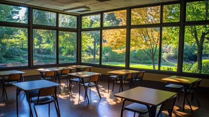 Aufkleber - A bright classroom with tables and large windows showcasing a vibrant outdoor view.
