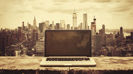 Aufkleber - Laptop on rooftop overlooking cityscape.