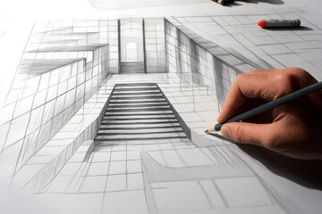 Poster - A hand drawing an intricate staircase in a perspective sketch on a large sheet of paper.