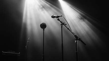 Poster - A microphone stands under dramatic stage lighting, ready for a performance.