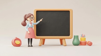 Poster - A cartoon teacher points at a chalkboard with colorful classroom items nearby.