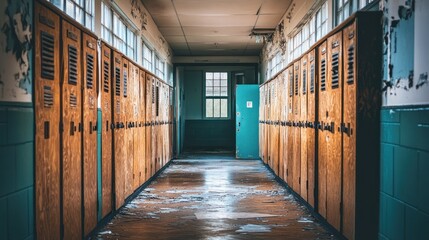 Aufkleber - An empty school hallway lined with wooden lockers and a door at the end.