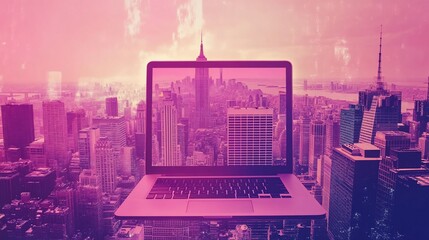 Poster - A laptop computer with a cityscape on the screen, hovering over a cityscape.