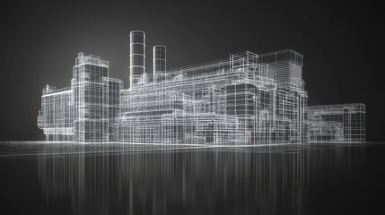 Poster - Wireframe illustration of an industrial factory building on a dark background.