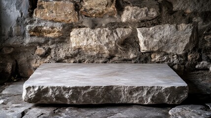 Poster - A flat stone slab resting against a rough stone wall, suggesting a minimalist aesthetic.