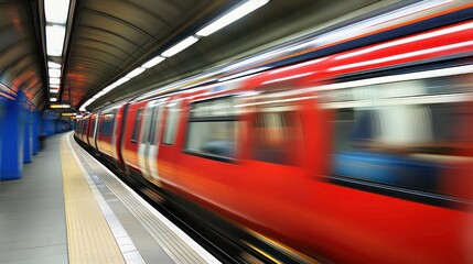 Wall Mural - red tube train in motion, captured perspective of someone standing on one side as it passes. backgro
