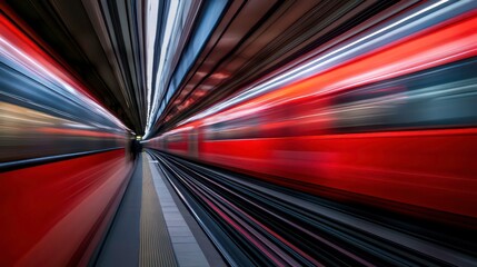 Wall Mural - red tube train in motion, captured perspective of someone standing on one side as it passes. backgro