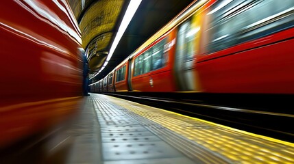 Poster - a red subway train speeds past a lone passenger waiting on the platform.