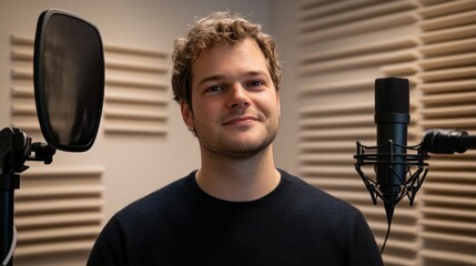 Poster - A young man poses in a recording studio with microphones, suggesting a creative audio environment.