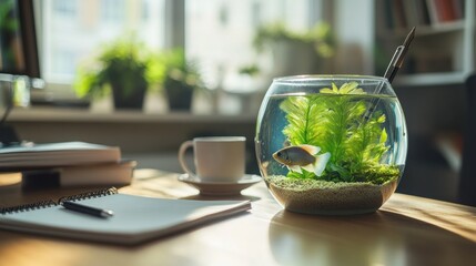 Poster - a serene workspace featuring a fishbowl, plants, and a cup of coffee on a desk.