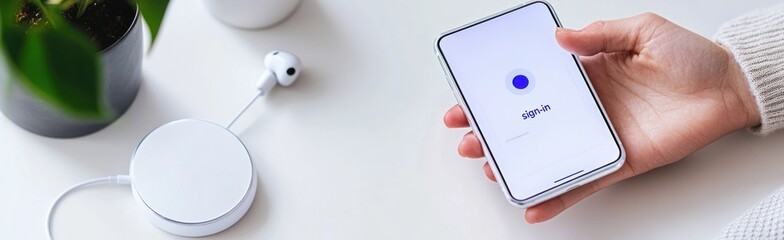 Aufkleber - A hand holding a smartphone with a charging pad and earbuds on a desk.