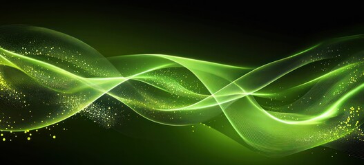 Aufkleber - Abstract green waves with glowing particles on a dark background.