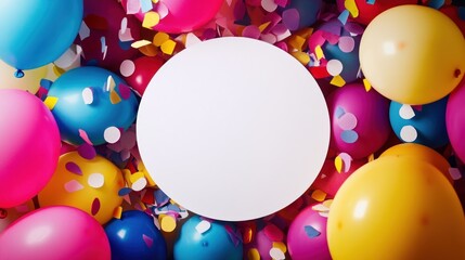 Poster - A festive arrangement of colorful balloons and confetti surrounding a blank white circle.