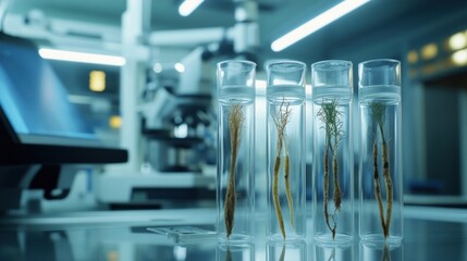 Aufkleber - Test tubes containing plant roots in a laboratory setting for scientific research.