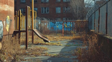 Poster - An abandoned playground overgrown with weeds and debris, reflecting neglect and decay.