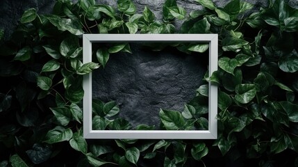 Poster - A white frame surrounded by lush green leaves on a textured dark background.