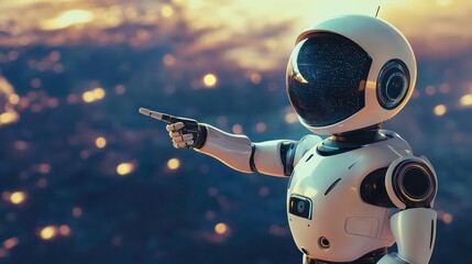 Wall Mural - a futuristic robot astronaut points towards a distant, bright light in a sky full of stars.