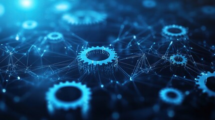 Poster - Abstract Technological Background Featuring Interconnected Gears and Networks in a High-Resolution Blue Tone, Ideal for Illustrating Modern Innovation Concepts