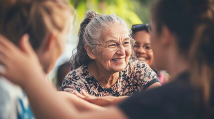 Aufkleber - Intergenerational bonding in community support networks, Portraying mutual aid and solidarity across age groups, photography style