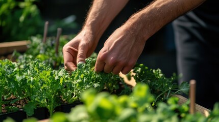 Aufkleber - The hands of a farmer cultivating organic vegetables in an urban rooftop garden, Reflecting sustainability and community resilience, close-up photography style
