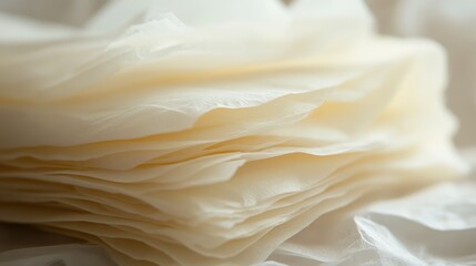 Poster - Delicate Layers of Translucent Paper Stacked Neatly on a Soft Surface, Perfect for Creative Projects and Artistic Endeavors in Natural Light