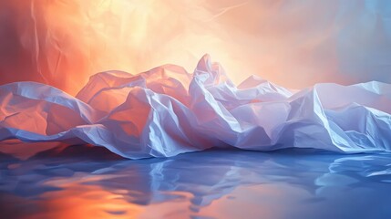 Poster - Abstract Composition of Crumpled Paper on Reflective Surface with Vibrant Colors and Soft Lighting Creating an Ethereal Atmosphere in Fine Art Photography