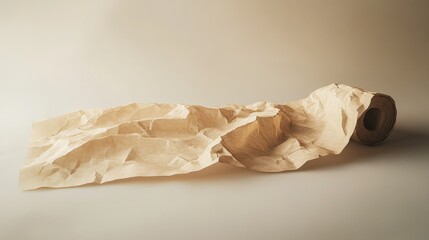 Poster - Textured Roll of Brown Craft Paper Unraveled on a Soft Neutral Surface with Dynamic Creases and Waves for Creative Artistic Backgrounds and Inspirations
