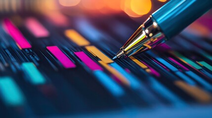 Poster - Close-up of a pen pointing at a colorful bar graph, analyzing data and planning strategy.