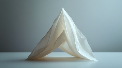 Poster - Minimalist White Fabric Forming a Tent-Like Structure with Soft Lighting and a Calm Background for Artistic and Creative Concepts
